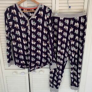 Cuddl Duds Henley Pajama 2 Piece Set Llama Gifts Womens M Joggers Pockets Purple